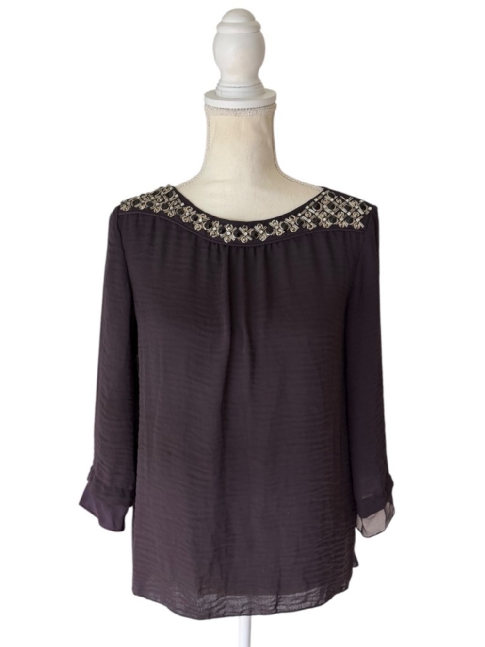 Rebecca Taylor Beaded Embellished Blouse Purple Silk Trim Keyhole Back Size 2